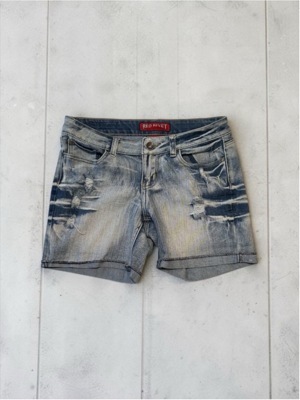Red Rivet Distressed Denim Shorts Junior Womens 7 Blue Cuffed Hem Destructed